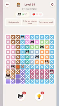 Meowdoku Level 65 step 9 screenshot showing the cat placement at A9 with 9 of 10 cats visible on the board.
