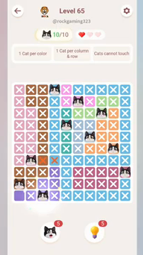 Meowdoku Level 65 step 10 screenshot showing the cat placement at C10 with 10 of 10 cats visible on the board.
