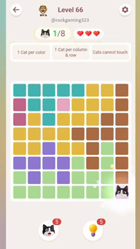 Meowdoku Level 66 step 1 screenshot showing the cat placement at H8 with 1 of 8 cats visible on the board.