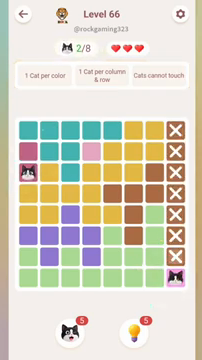 Meowdoku Level 66 step 2 screenshot showing the cat placement at A3 with 2 of 8 cats visible on the board.