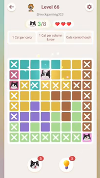 Meowdoku Level 66 step 3 screenshot showing the cat placement at D2 with 3 of 8 cats visible on the board.