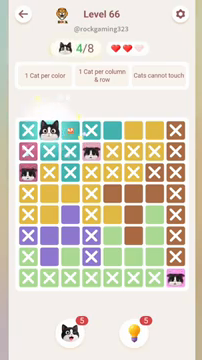 Meowdoku Level 66 step 4 screenshot showing the cat placement at B1 with 4 of 8 cats visible on the board.