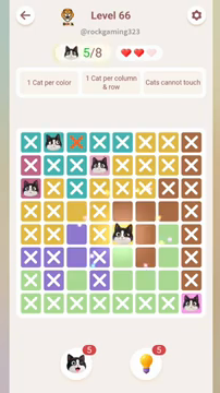 Meowdoku Level 66 step 5 screenshot showing the cat placement at E5 with 5 of 8 cats visible on the board.
