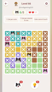 Meowdoku Level 66 step 6 screenshot showing the cat placement at C6 with 6 of 8 cats visible on the board.