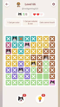 Meowdoku Level 66 step 7 screenshot showing the cat placement at G4 with 7 of 8 cats visible on the board.