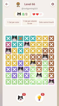 Meowdoku Level 66 step 8 screenshot showing the cat placement at F7 with 8 of 8 cats visible on the board.