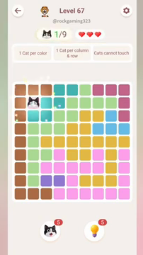 Meowdoku Level 67 step 1 screenshot showing the cat placement at B2 with 1 of 9 cats visible on the board.