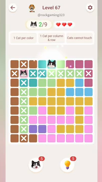 Meowdoku Level 67 step 2 screenshot showing the cat placement at E1 with 2 of 9 cats visible on the board.