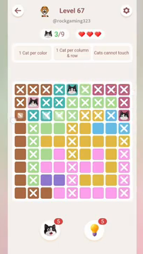 Meowdoku Level 67 step 3 screenshot showing the cat placement at I3 with 3 of 9 cats visible on the board.