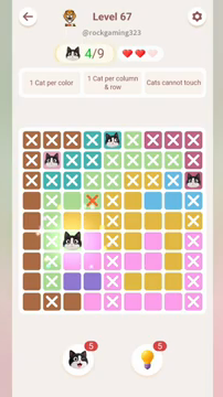 Meowdoku Level 67 step 4 screenshot showing the cat placement at C6 with 4 of 9 cats visible on the board.