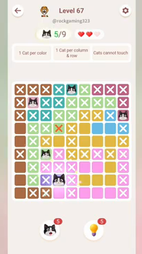 Meowdoku Level 67 step 5 screenshot showing the cat placement at D8 with 5 of 9 cats visible on the board.
