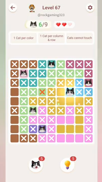 Meowdoku Level 67 step 6 screenshot showing the cat placement at G4 with 6 of 9 cats visible on the board.