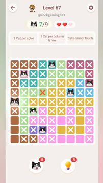 Meowdoku Level 67 step 7 screenshot showing the cat placement at A5 with 7 of 9 cats visible on the board.