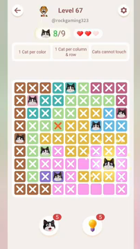 Meowdoku Level 67 step 8 screenshot showing the cat placement at H7 with 8 of 9 cats visible on the board.