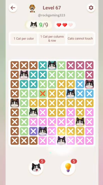 Meowdoku Level 67 step 9 screenshot showing the cat placement at F9 with 9 of 9 cats visible on the board.