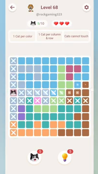 Meowdoku Level 68 step 1 screenshot showing the cat placement at A5 with 1 of 10 cats visible on the board.