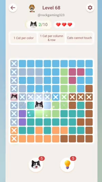 Meowdoku Level 68 step 2 screenshot showing the cat placement at D6 with 2 of 10 cats visible on the board.
