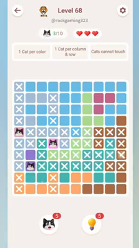 Meowdoku Level 68 step 3 screenshot showing the cat placement at B8 with 3 of 10 cats visible on the board.