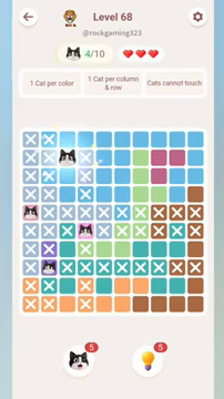 Meowdoku Level 68 step 4 screenshot showing the cat placement at C2 with 4 of 10 cats visible on the board.