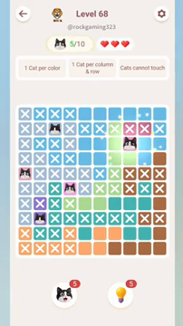 Meowdoku Level 68 step 5 screenshot showing the cat placement at H3 with 5 of 10 cats visible on the board.