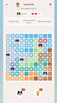 Meowdoku Level 68 step 6 screenshot showing the cat placement at I9 with 6 of 10 cats visible on the board.