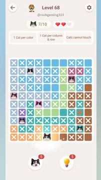 Meowdoku Level 68 step 7 screenshot showing the cat placement at E10 with 7 of 10 cats visible on the board.