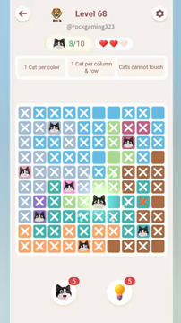 Meowdoku Level 68 step 8 screenshot showing the cat placement at F7 with 8 of 10 cats visible on the board.