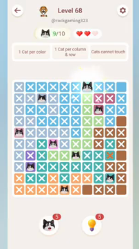 Meowdoku Level 68 step 9 screenshot showing the cat placement at G1 with 9 of 10 cats visible on the board.