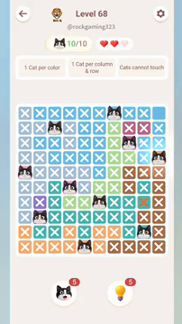 Meowdoku Level 68 step 10 screenshot showing the cat placement at J4 with 10 of 10 cats visible on the board.