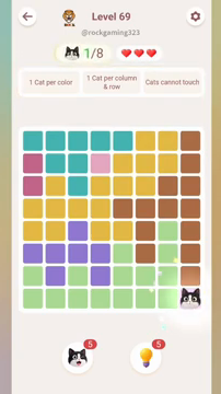 Meowdoku Level 69 step 1 screenshot showing the cat placement at H8 with 1 of 8 cats visible on the board.