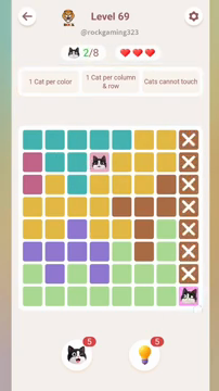 Meowdoku Level 69 step 2 screenshot showing the cat placement at D2 with 2 of 8 cats visible on the board.