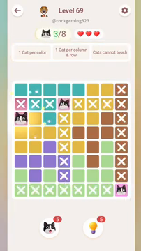 Meowdoku Level 69 step 3 screenshot showing the cat placement at A3 with 3 of 8 cats visible on the board.