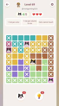 Meowdoku Level 69 step 4 screenshot showing the cat placement at E5 with 4 of 8 cats visible on the board.