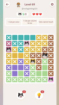 Meowdoku Level 69 step 5 screenshot showing the cat placement at G4 with 5 of 8 cats visible on the board.