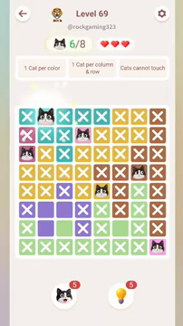 Meowdoku Level 69 step 6 screenshot showing the cat placement at B1 with 6 of 8 cats visible on the board.