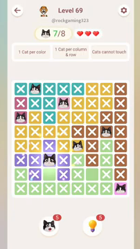 Meowdoku Level 69 step 7 screenshot showing the cat placement at C6 with 7 of 8 cats visible on the board.
