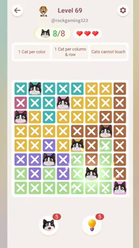 Meowdoku Level 69 step 8 screenshot showing the cat placement at F7 with 8 of 8 cats visible on the board.