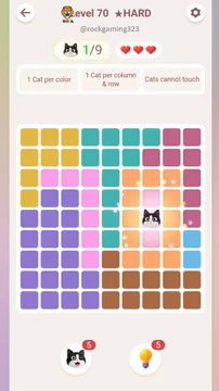 Meowdoku Level 70 step 1 screenshot showing the cat placement at G5 with 1 of 9 cats visible on the board.