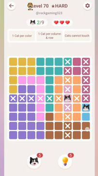Meowdoku Level 70 step 2 screenshot showing the cat placement at I6 with 2 of 9 cats visible on the board.