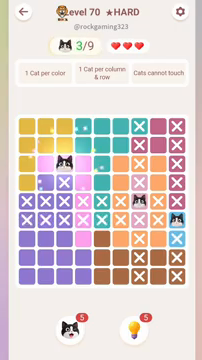 Meowdoku Level 70 step 3 screenshot showing the cat placement at C3 with 3 of 9 cats visible on the board.
