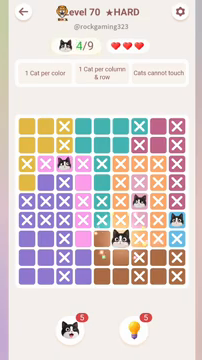 Meowdoku Level 70 step 4 screenshot showing the cat placement at F7 with 4 of 9 cats visible on the board.