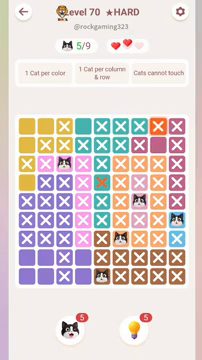 Meowdoku Level 70 step 5 screenshot showing the cat placement at E9 with 5 of 9 cats visible on the board.