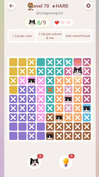Meowdoku Level 70 step 6 screenshot showing the cat placement at H2 with 6 of 9 cats visible on the board.