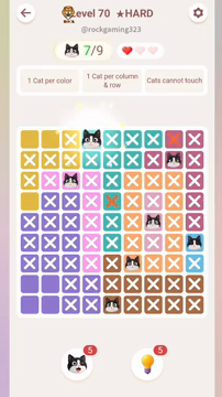 Meowdoku Level 70 step 7 screenshot showing the cat placement at D1 with 7 of 9 cats visible on the board.