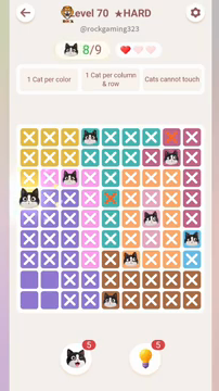 Meowdoku Level 70 step 8 screenshot showing the cat placement at A4 with 8 of 9 cats visible on the board.