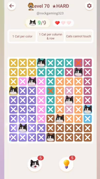 Meowdoku Level 70 step 9 screenshot showing the cat placement at B8 with 9 of 9 cats visible on the board.