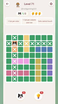 Meowdoku Level 71 step 1 screenshot showing the cat placement at B2 with 1 of 8 cats visible on the board.