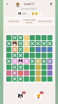 Meowdoku Level 71 step 2 screenshot showing the cat placement at C5 with 2 of 8 cats visible on the board.