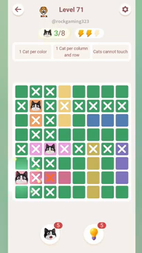 Meowdoku Level 71 step 3 screenshot showing the cat placement at A7 with 3 of 8 cats visible on the board.