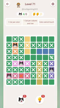Meowdoku Level 71 step 4 screenshot showing the cat placement at H6 with 4 of 8 cats visible on the board.